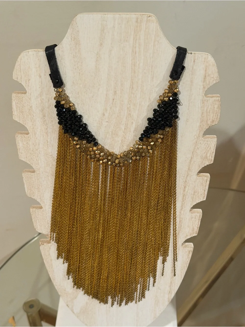 Gold Fringe Necklace with Black Bead Detail - Women Jewelry